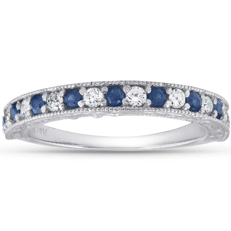 Women’s engagement rings with side stones-1/2Ct Blue Sapphire & Diamond Wedding Ring Anniversary Stackable Band White Gold