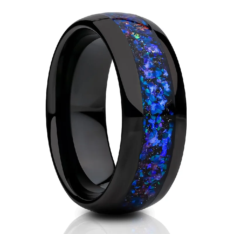 Women’s square-cut diamond engagement rings-Galaxy Opal Tungsten Ring 8Mm Black Wedding Band Comfort Fit Cobalt Free