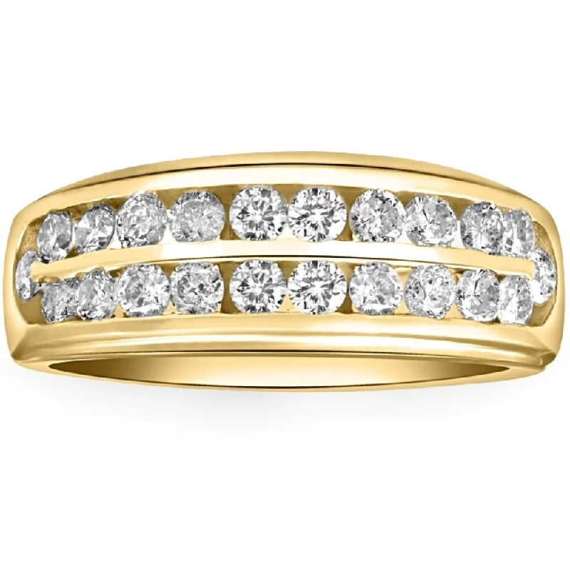 Women’s unique engagement rings-1 Ct Lab Grown Diamond Mens Double Row Wedding Ring 10k Yellow Gold