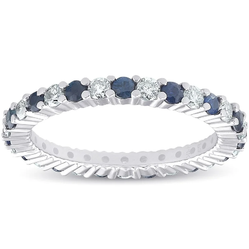 Women’s yellow gold engagement rings-1 cttw Blue Sapphire Diamond Wedding Eternity Ring 10k White Gold