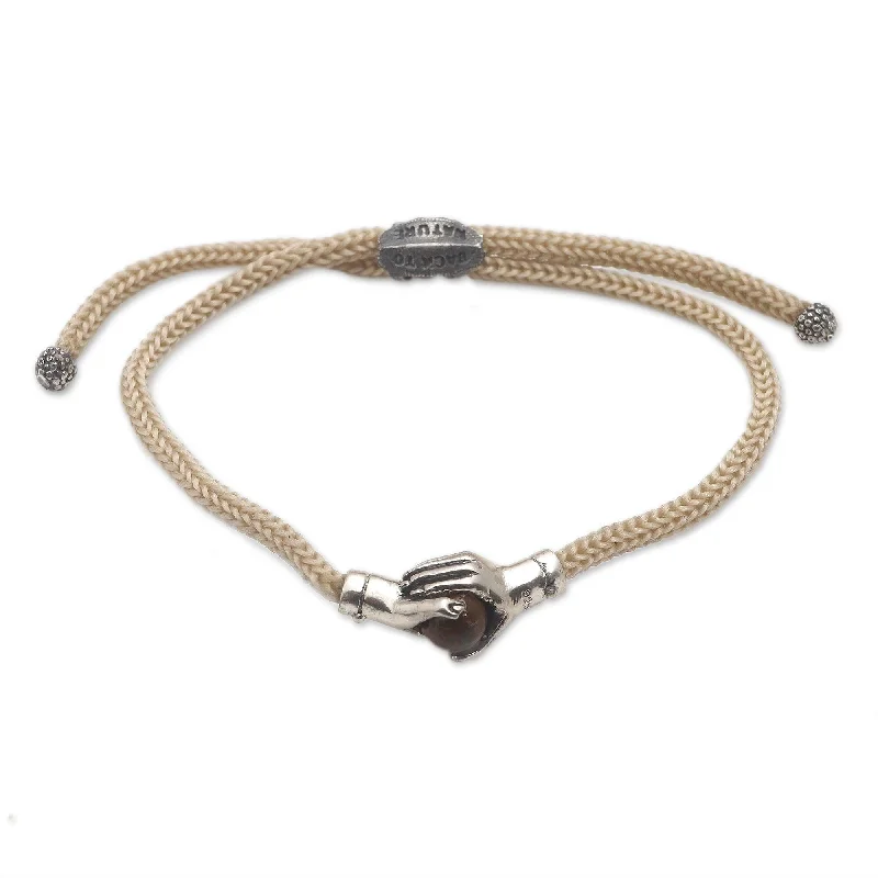 Women’s black leather bracelets-Novica Handmade Silver Beige Handshake Sterling Silver And Tiger'S Eye Unity Bracelet