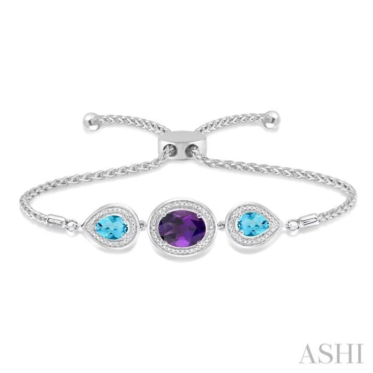 Women’s adjustable bracelets-1/20 Ctw Oval 10x8mm Amethyst & Pear Shape 7x5mm Blue Topaz Round Diamond 3Stone Sterling Silver Lariat Bracelet