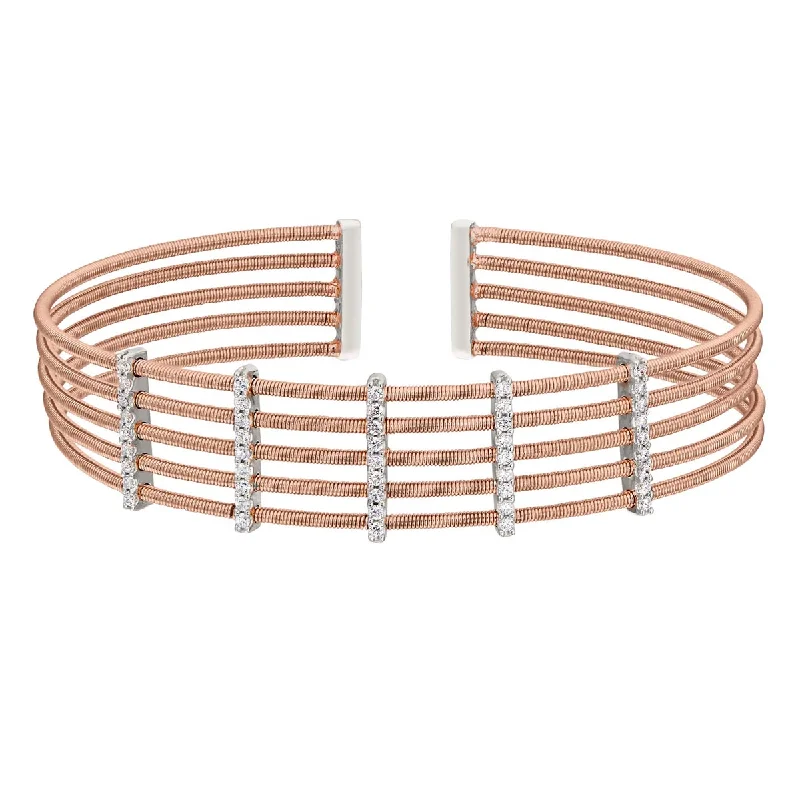 Women’s trendy bangles-Bella Cavo Cubic Zirconia Multi Cable Flexible Cuff Bracelet in Sterling Silver with Rose Gold Plate