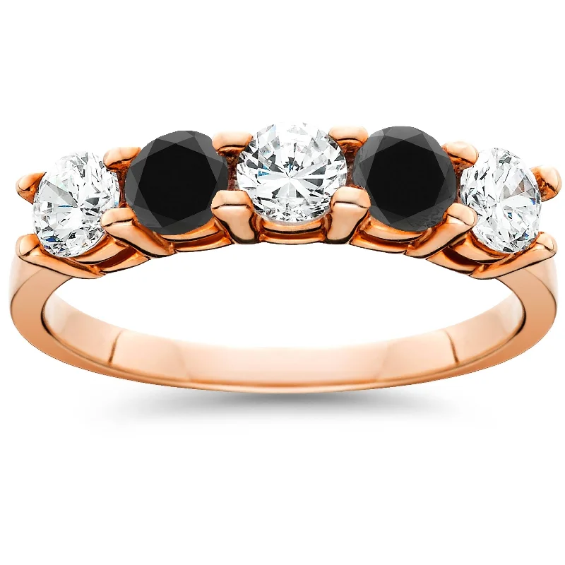 Women’s round brilliant engagement rings-1 1/4 cttw Black & White Diamond Wedding Anniversary 5-Stone Ring Rose Gold