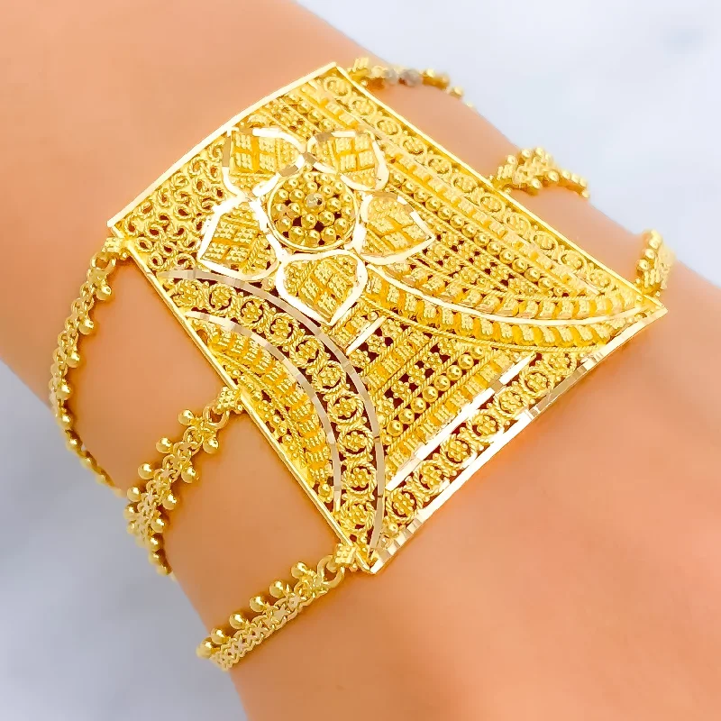 Women’s engraved bracelets-Glimmering Floral 22k Gold Statement Bracelet