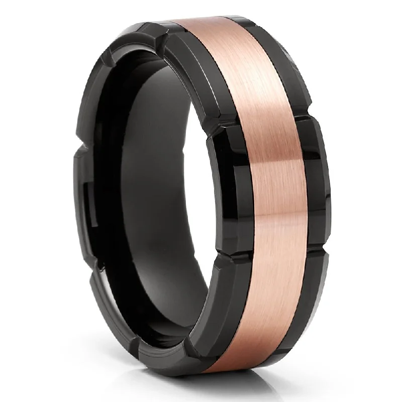 Women’s customized engagement rings-8Mm Tungsten Carbide Wedding Ring Black Rose Gold Comfort Fit Cobalt Free