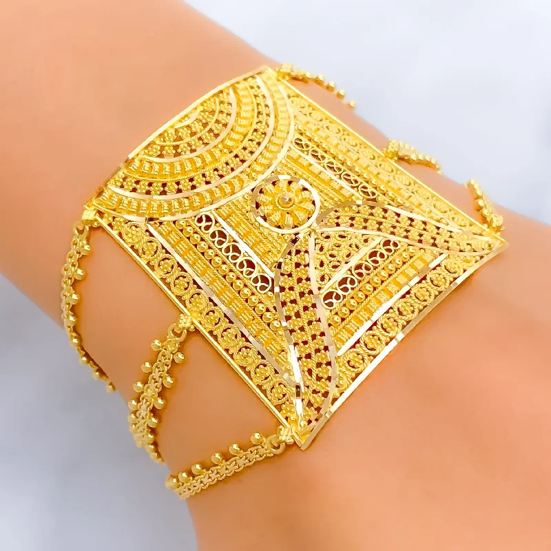 Women’s adjustable bangles-Graceful Floral 22k Gold Statement Bracelet