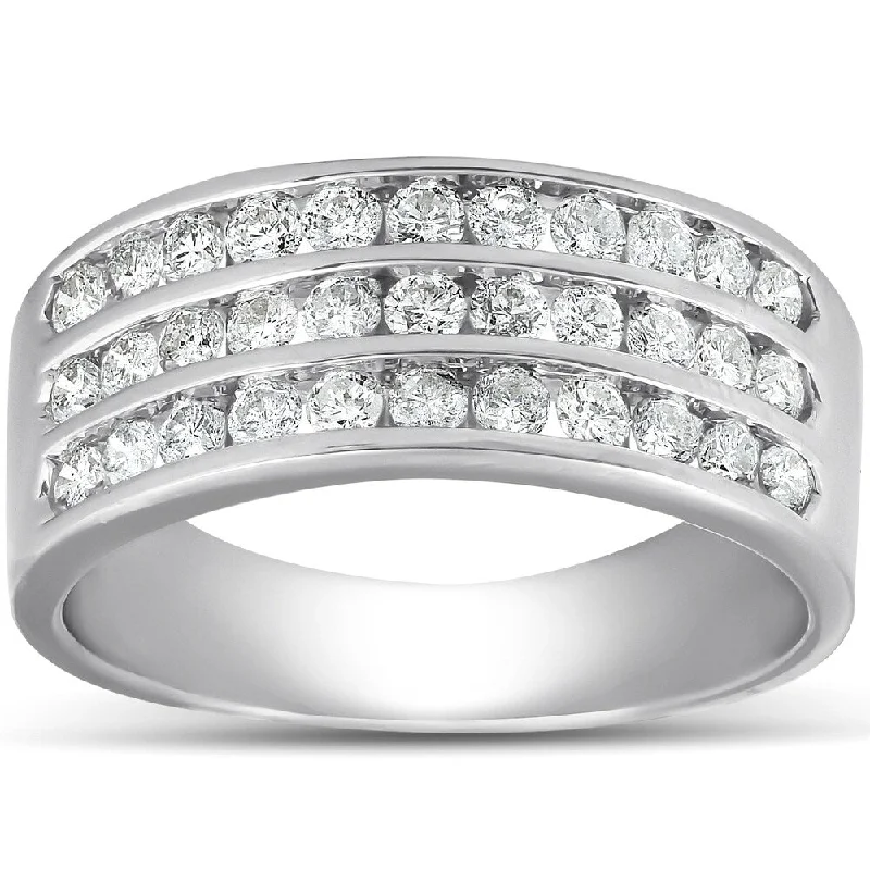 Women’s classic solitaire engagement rings-Pompeii3 10k White Gold 1 Ct TDW Diamond Three Row Channel Set Wedding Ring Womens Anniversary Band