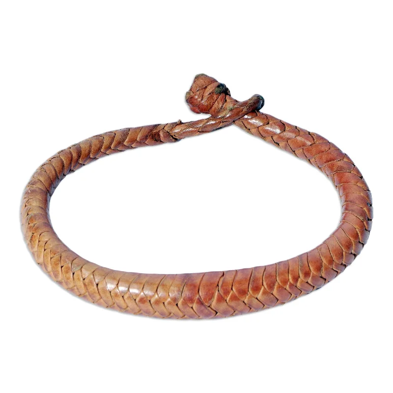 Women’s gold bangle bracelets-Novica Handmade Orange Grace Braided Leather Bracelet