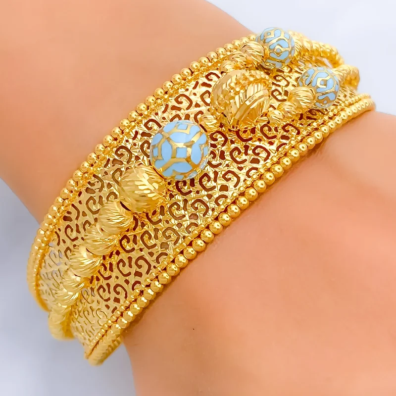 Women’s chic bracelets-Luminous Blue Enamel 21k Statement Bangle Bracelet