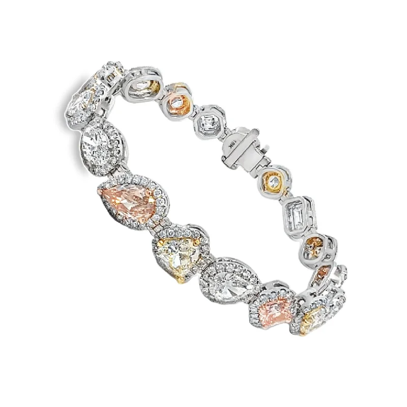 Women’s gold bracelets-17.89CT Multi Shaped/Color Diamond Tennis Bracelet, GIA Certified Stones, set in 18K Gold