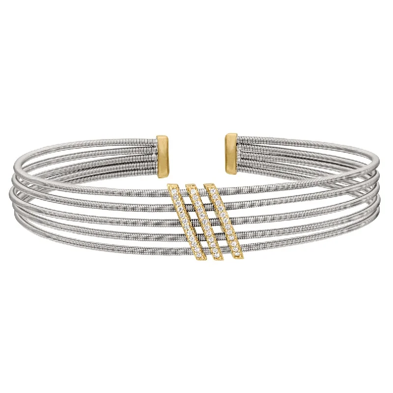 Women’s fashion chain bracelets-Bella Cavo Cubic Zirconia Multi Cable Flexible Cuff Bracelet in Sterling Silver with Yellow Gold Plate