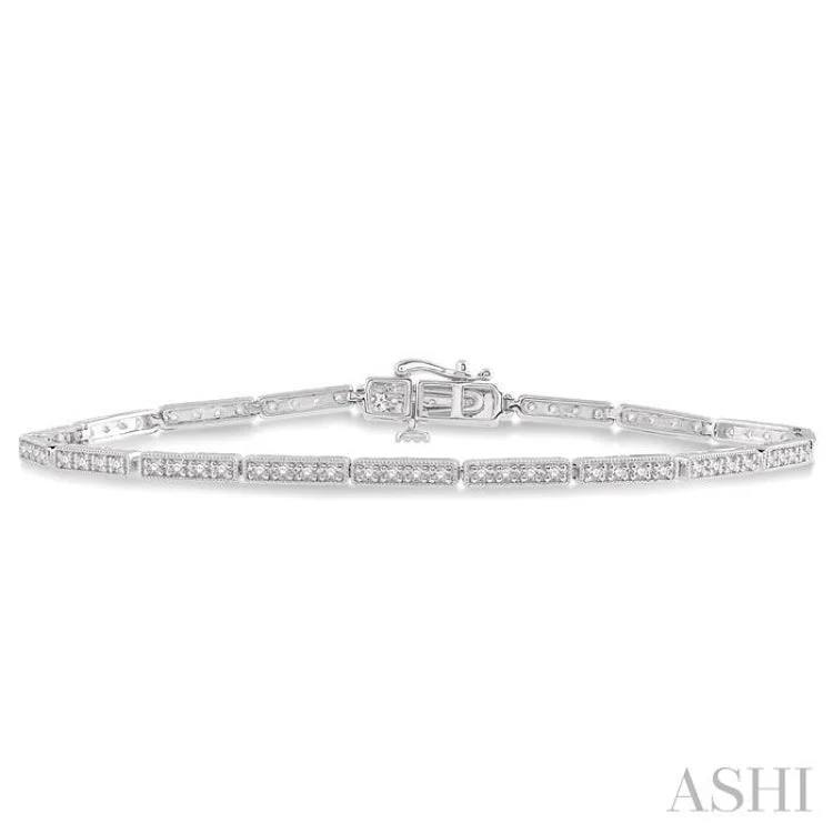 Women’s engraved bangle bracelets-3/4 Ctw Bar Link Round Cut Diamond Bracelet in 10K White Gold