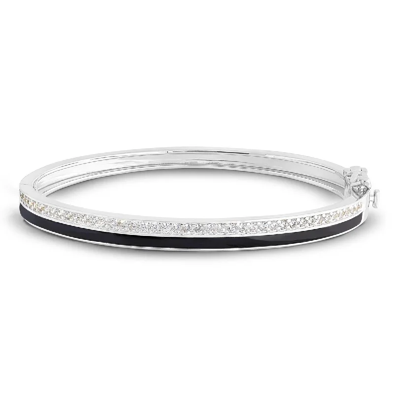 Women’s charm bangles-Cubic Zirconia and Black Enamel Bangle Bracelet in Sterling Silver