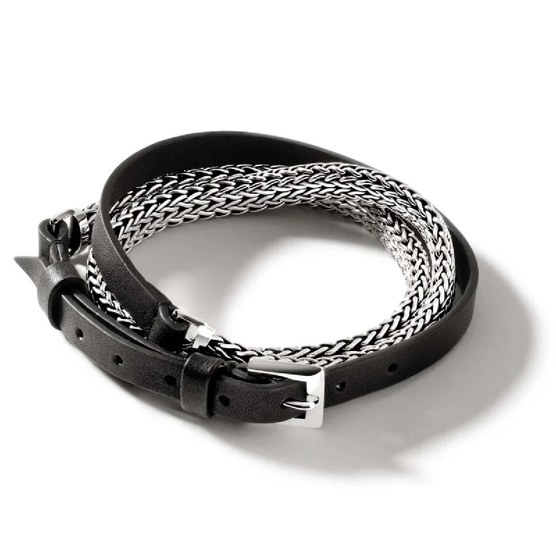 Women’s engraved bracelets-John Hardy Icon Black Leather Wrap Bracelet in Sterling Silver