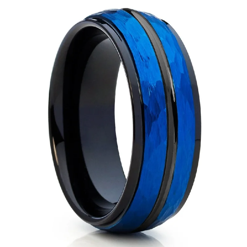 Women’s engagement rings with side stones-8Mm Blue Tungsten Wedding Ring Comfort Fit Anniversary Band Cobalt Free