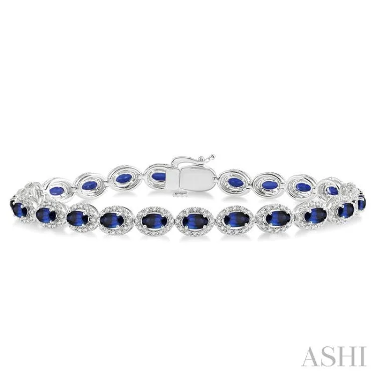 Women’s cuff bracelets-1 1/10 Ctw Oval Shape 5x3mm Sapphire & Round Cut Diamond Precious Stone Bracelet in 14K White Gold