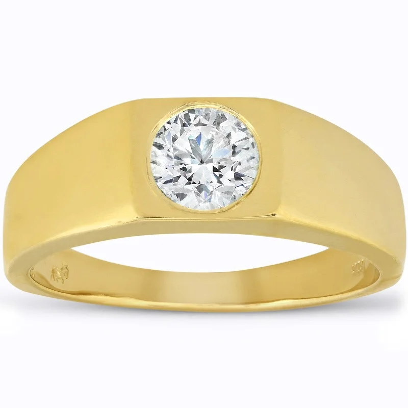 Women’s heart-shaped engagement rings-Mens 1 ct Round Solitaire Diamond Wedding Ring 14k Yellow Gold