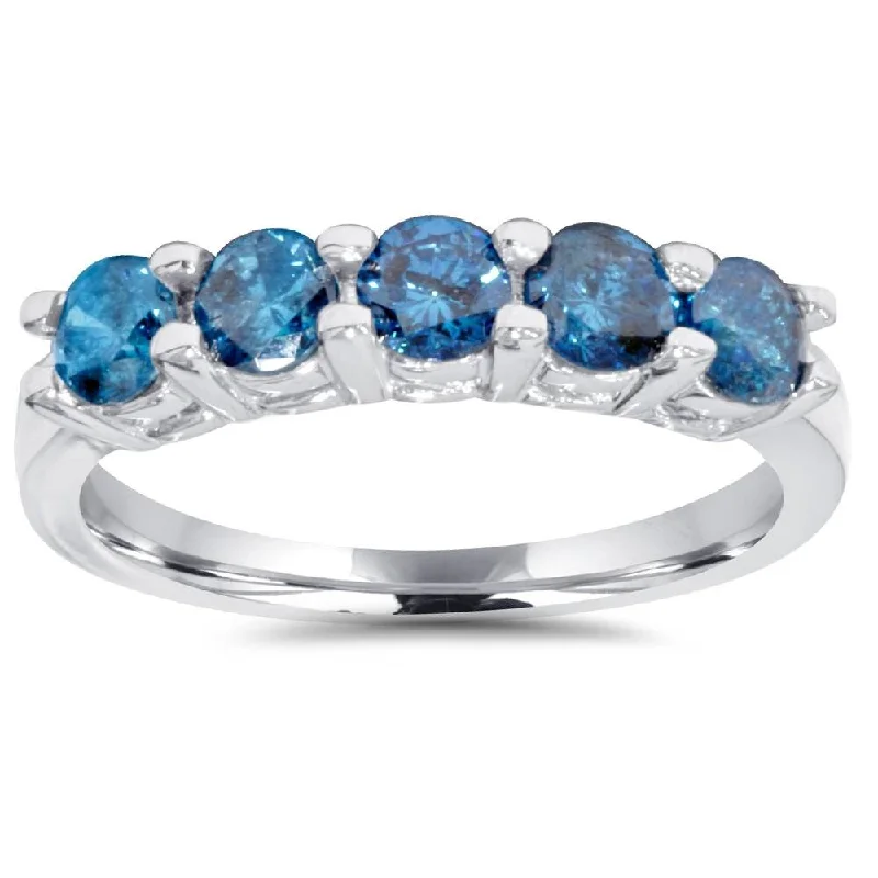 Women’s large gemstone engagement rings-1ct Blue Diamond Wedding Five Stone Ring White Gold