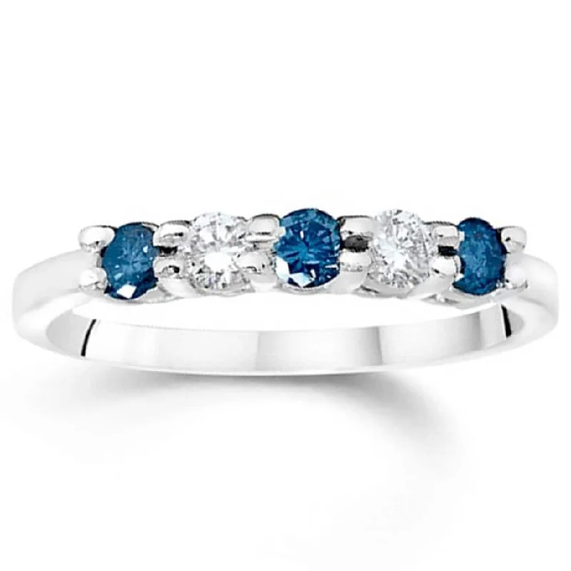 Women’s three-stone engagement rings-3/4Ct Blue & White Diamond Five Stone Wedding Ring in White Gold