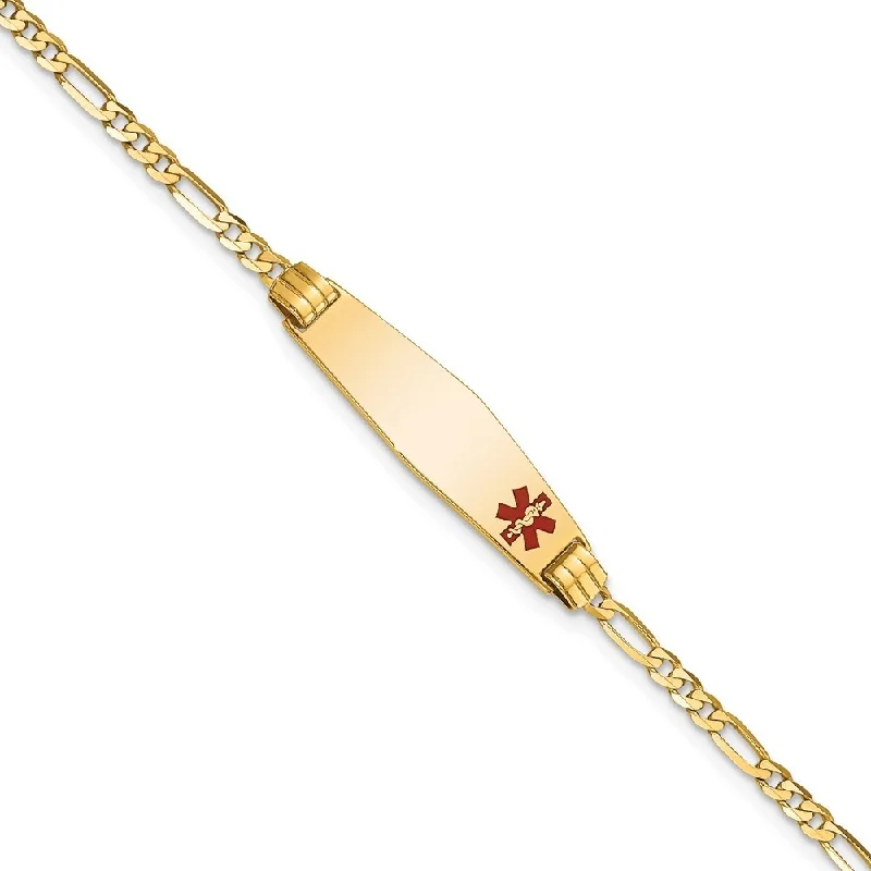 Women’s heart-shaped bracelets-14k Yellow Gold 7.5mm Medical Soft Diamond Shape Red Enamel Figaro ID Bracelet, 7"