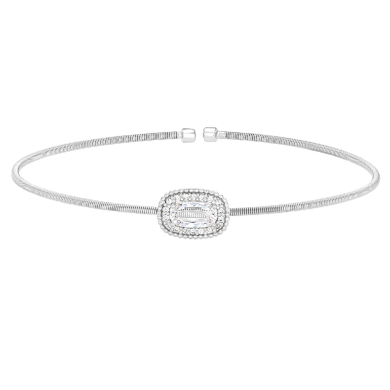 Women’s designer bracelets-Bella Cavo Oval Halo Cubic Zirconia Cuff Bracelet in Sterling Silver