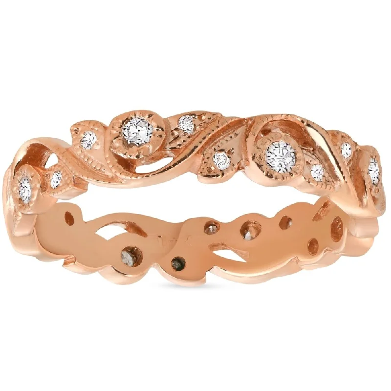 Women’s pear-shaped engagement rings-Pompeii3 14k Rose Gold 1/4 ct TDW Diamond Wedding Leaft Ring Stackable Vine Vtinage Womens Anniversary Band - White