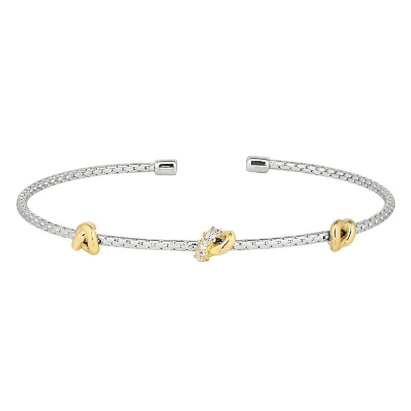 Women’s silver cuff bracelets-Bella Cavo Cubic Zirconia Knot Flexible Cuff Bracelet in Sterling Silver with Yellow Gold Plate