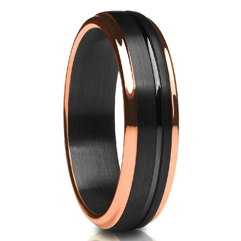 Women’s mixed metal engagement rings-6Mm Black Tungsten Wedding Ring With Rose Gold Ip Plating Comfort Fit Sizes 613