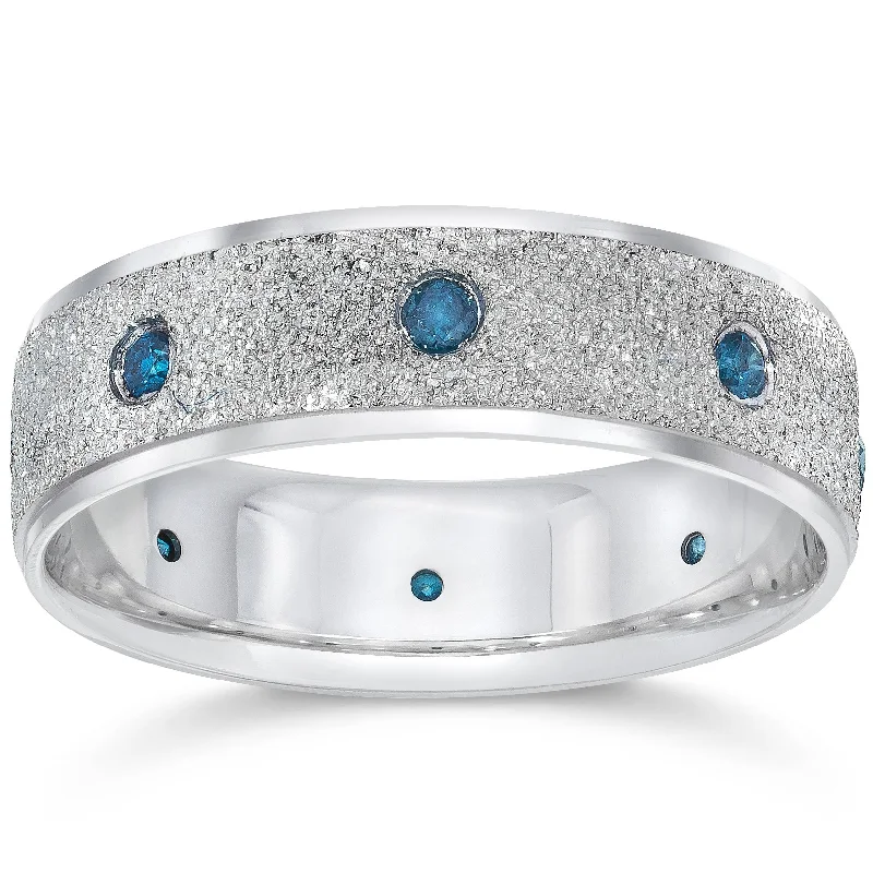 Women’s colored gemstone engagement rings-Mens White Blue Diamond 1/3ct Stone Finish Wedding