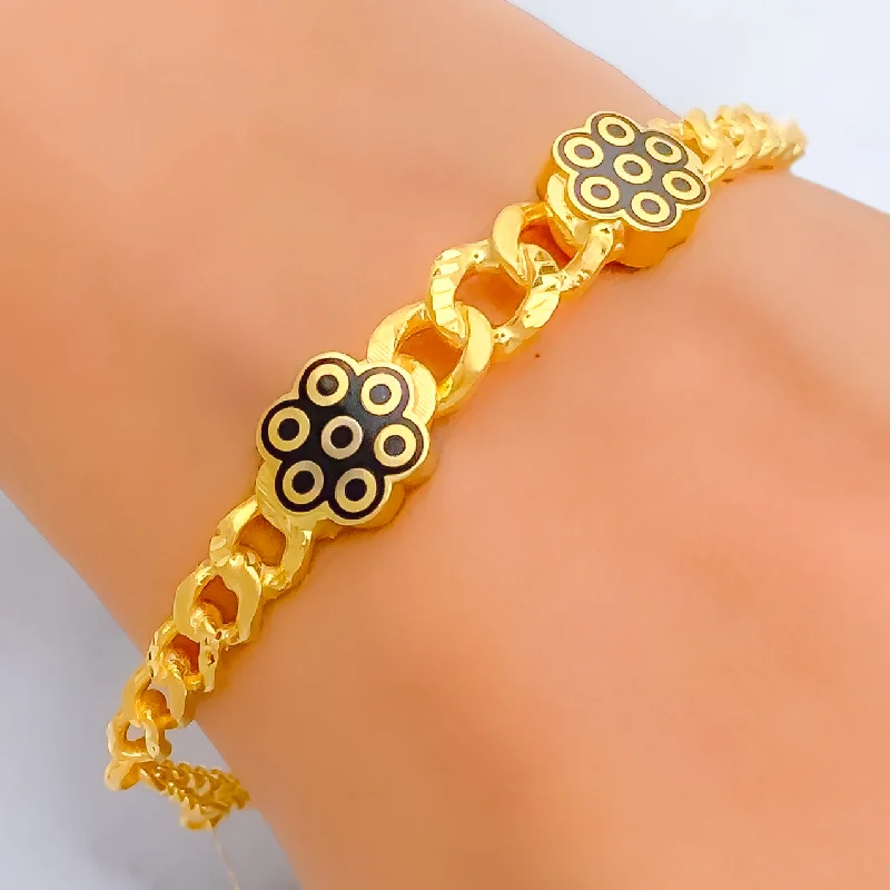 Women’s black leather bracelets-Graceful Hanging Floral 21K Gold Flexi Bangle Bracelet