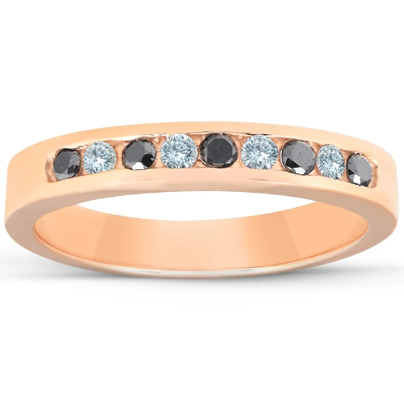 Women’s round-cut diamond engagement rings-1/4ct Black & White Diamond Ring Rose Gold Womens Wedding Stackable Band