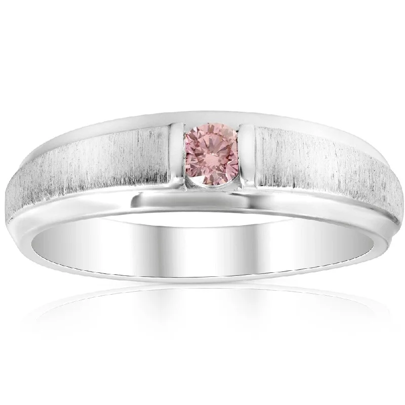 Women’s diamond engagement rings with unique designs-Mens Brushed Pink Diamond Lab Grown Wedding Brushed Anniversary Ring White Gold