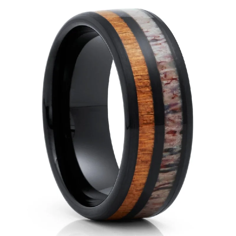 Women’s rose gold diamond engagement rings-Deer Antler Black Tungsten Wedding Ring 8Mm Cherry Wood Inlay Comfort Fit