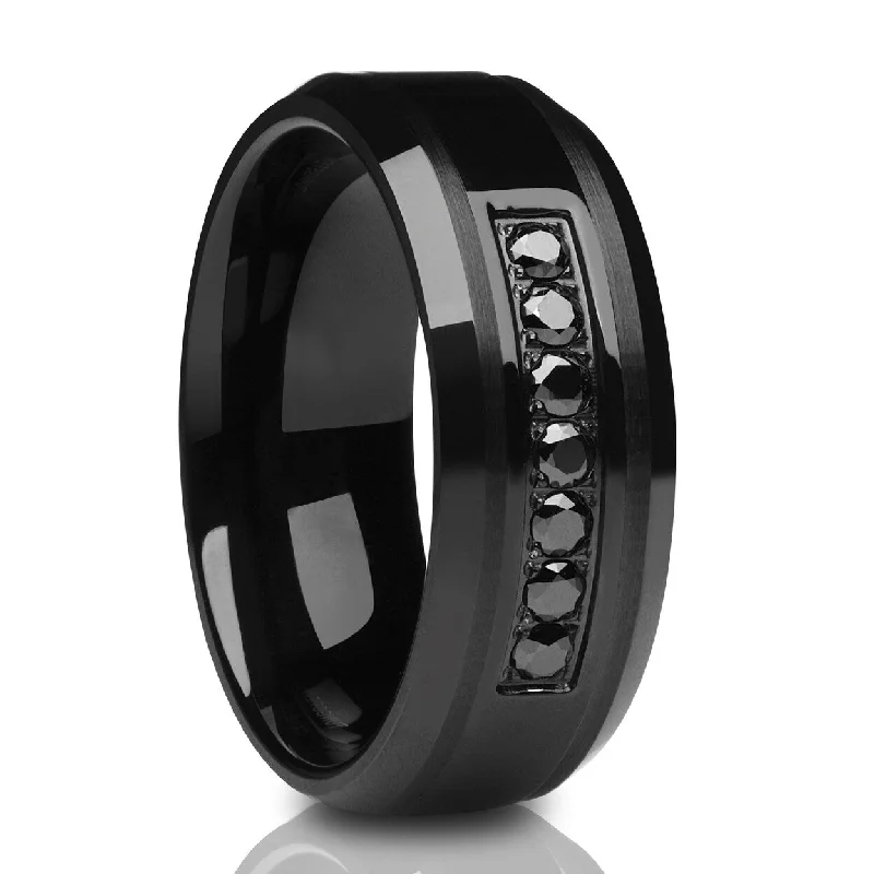 Women’s gemstone engagement rings-Black Tungsten Wedding Ring 8Mm Comfort Fit Cz Inlay Cobalt Free Tungsten Carbide