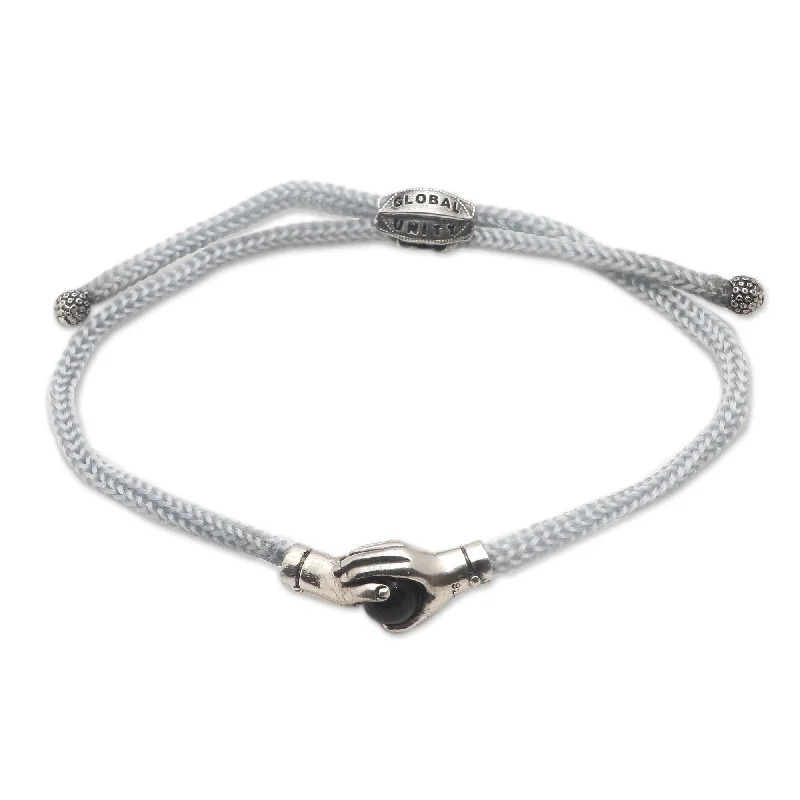 Women’s pearl bangles-Novica Handmade Silver Grey Handshake Sterling Silver And Black Agate Unity Bracelet