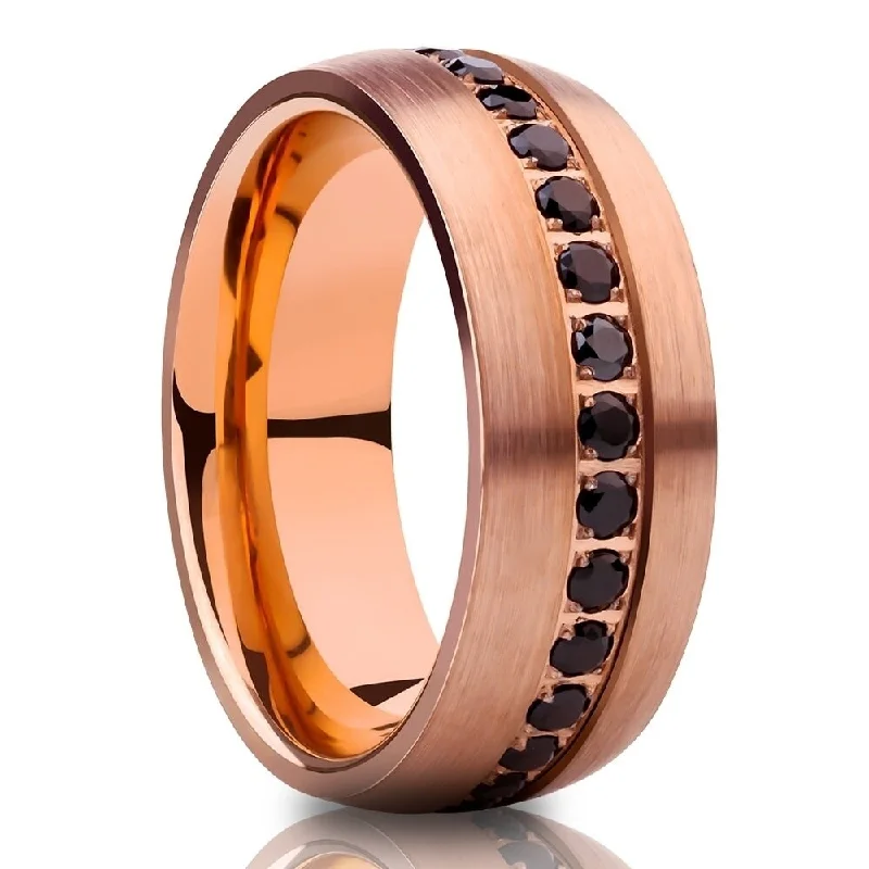 Women’s white sapphire engagement rings-Rose Gold Tungsten Wedding Ring 8Mm Black Cz Inlay Comfort Fit Cobalt Free