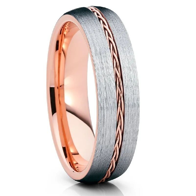 Women’s princess-cut engagement rings-Rose Gold Tungsten Ring 6Mm Comfort Fit Braid Wedding Anniversary Cobalt Free