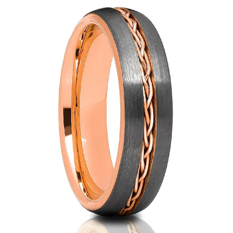 Women’s vintage wedding engagement rings-Tungsten Carbide Wedding Ring 6Mm Rose Gold Braid Comfort Fit Cobalt Free