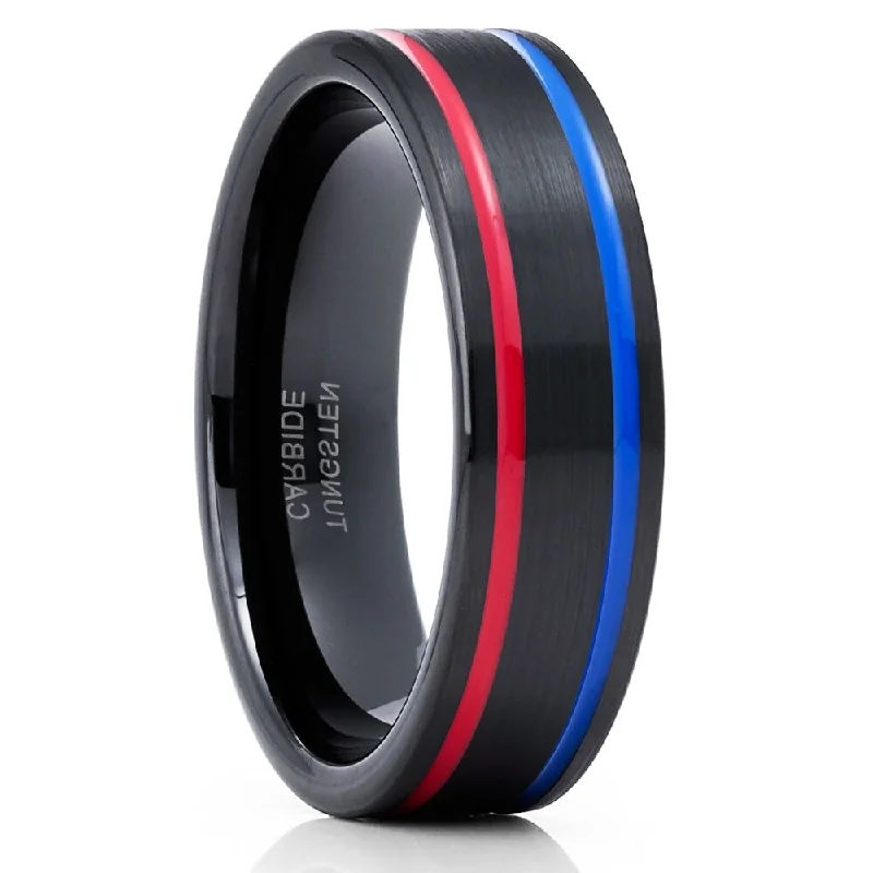 Women’s cushion-cut engagement rings with halo-Black Tungsten Wedding Ring 6Mm Red Blue Inlay Comfort Fit Cobalt Free