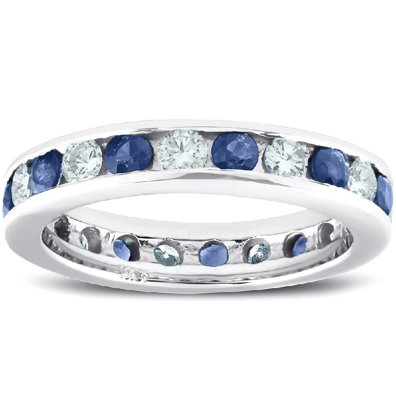 Women’s wedding ring engagement sets-Pompeii3 14k White Gold 2 Ct Blue Sapphire & Diamond Eternity Ring Womens Wedding Stackable Anniversary Band