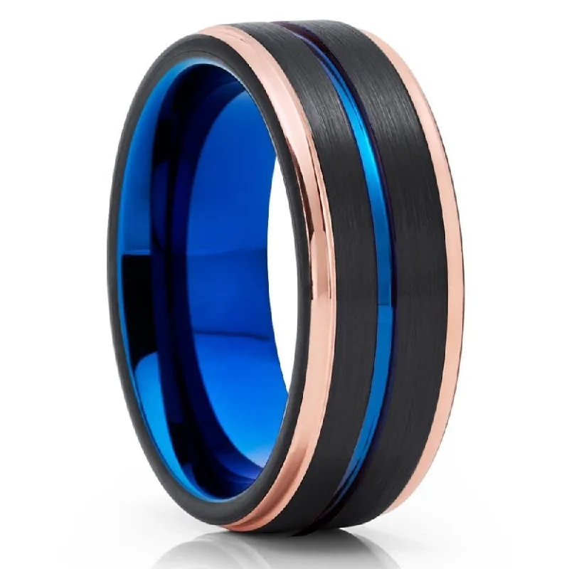 Women’s luxury engagement rings-Blue Tungsten Carbide Wedding Ring 6Mm With Rose Gold Ip Plating Comfort Fit