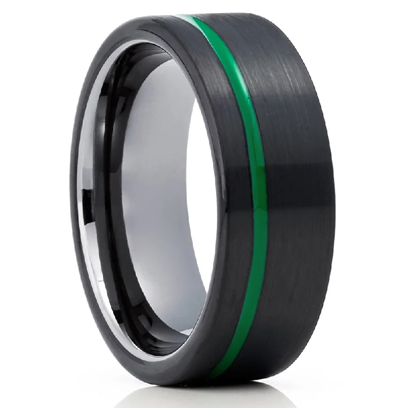 Women’s diamond engagement rings-Gunmetal Tungsten Wedding Ring 8Mm Black Tungsten Anniversary Ring Green Inlay