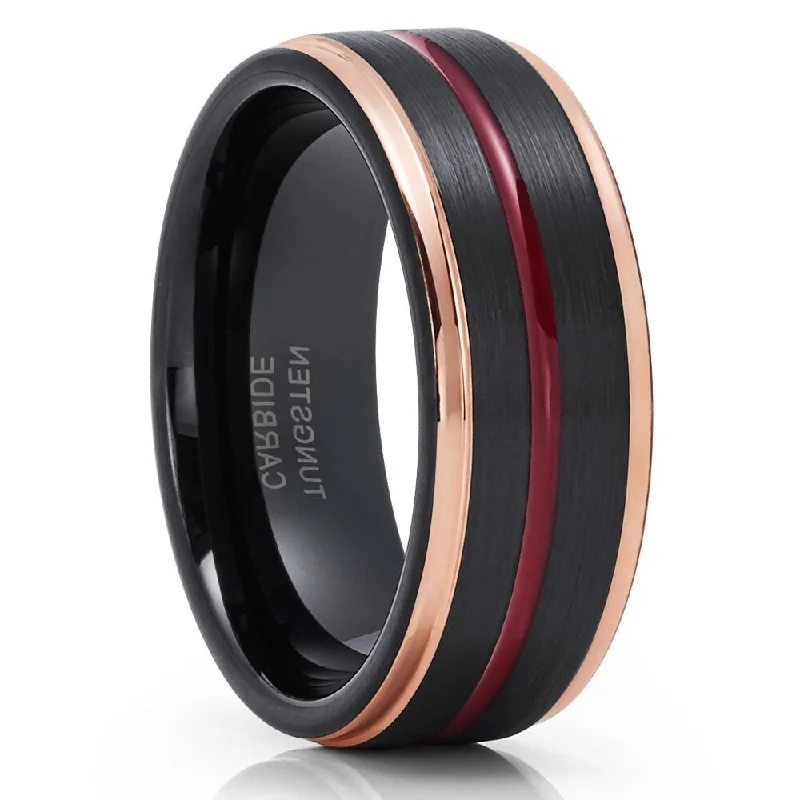 Women’s floral engagement rings-Maroon Black Tungsten Wedding Ring 8Mm Rose Gold Inlay Comfort Fit Size 513