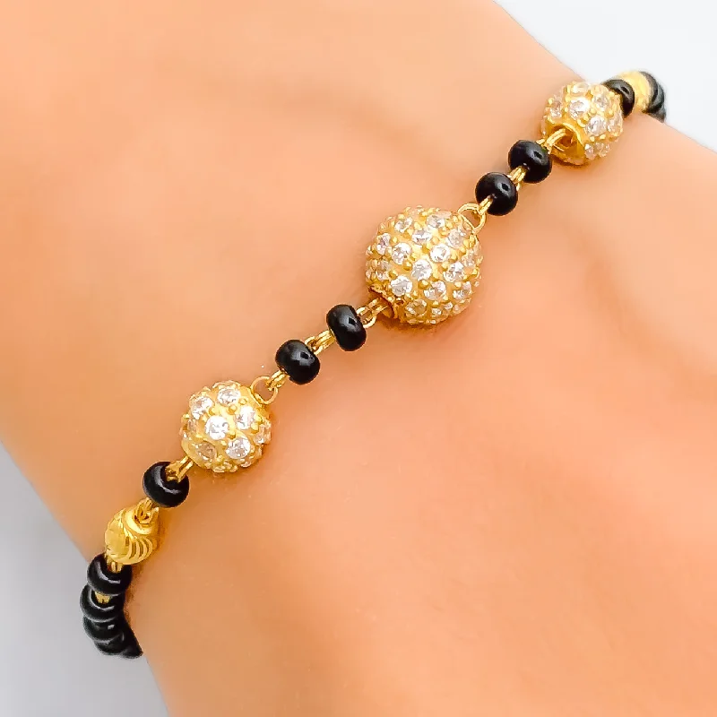 Women’s personalized cuff bracelets-Shiny Refined 22k Gold Black Bead CZ Bracelet