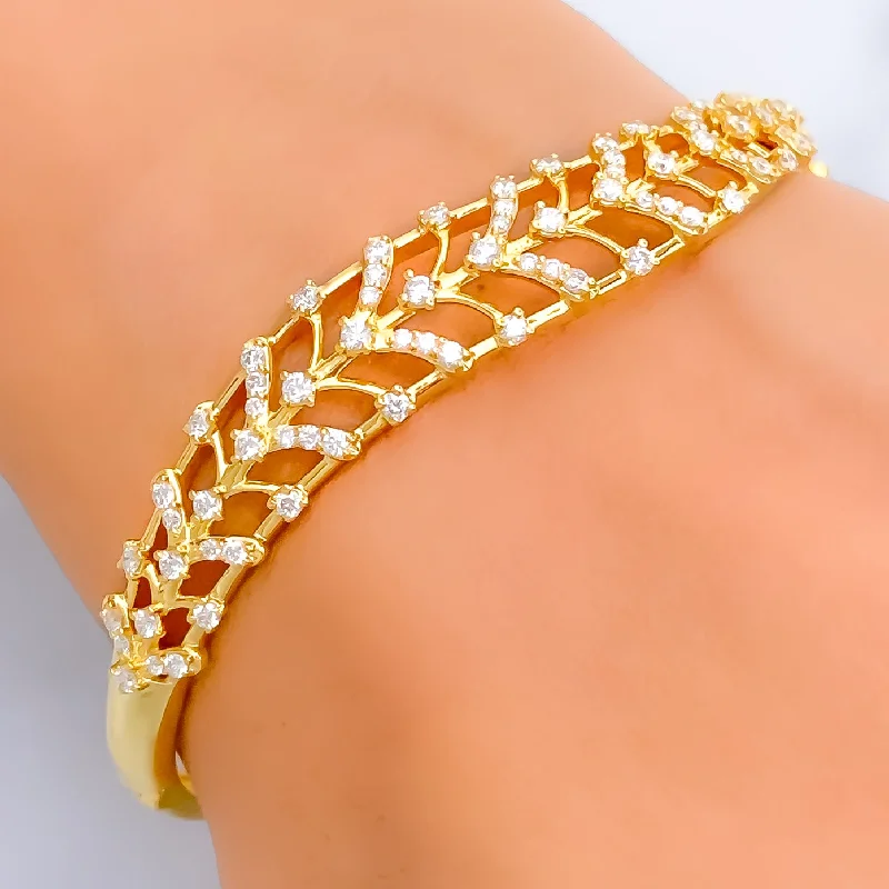 Women’s sterling silver bangles-Luxurious Alluring Leaf Diamond + 18k Gold Bangle Bracelet