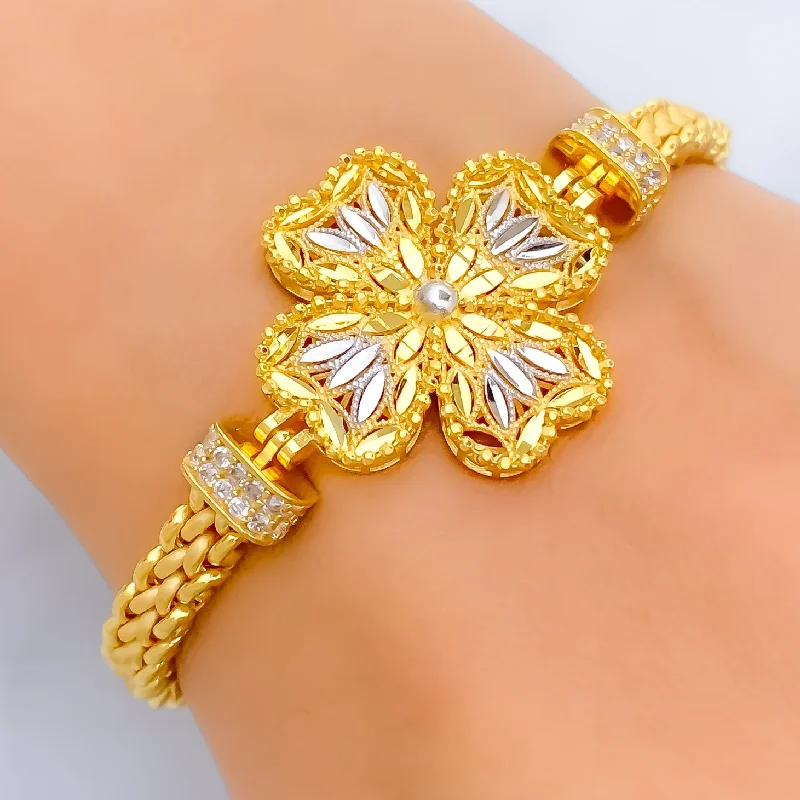 Women’s gemstone link bracelets-Bold Flower 21k Gold CZ Bracelet