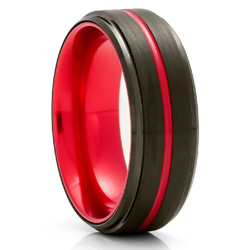 Women’s contemporary engagement rings-Black Tungsten Wedding Ring 8Mm Red Groove Comfort Fit Cobalt Free