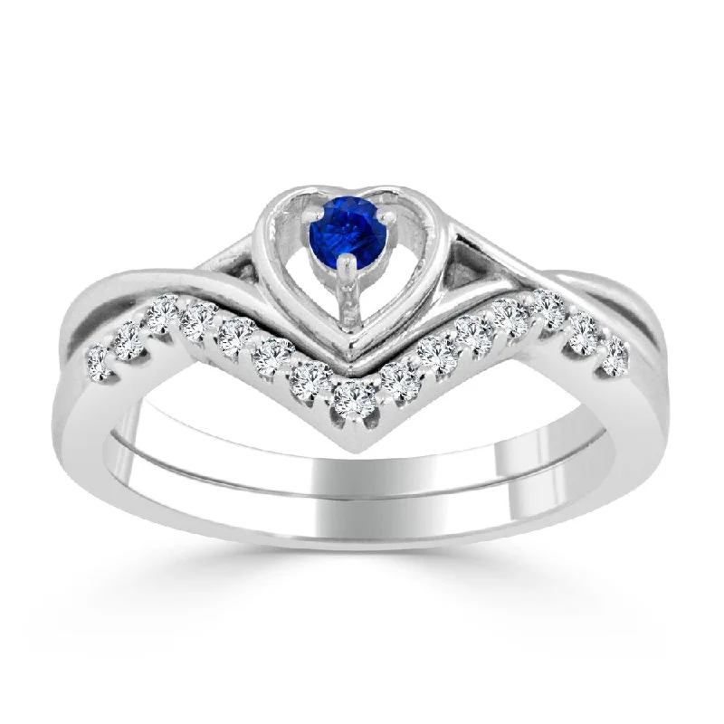 Women’s engagement rings with colored diamonds-14k Gold 1/10ct Blue Sapphire and 1/5ct TDW Heart Accent Diamond Wedding Ring Set