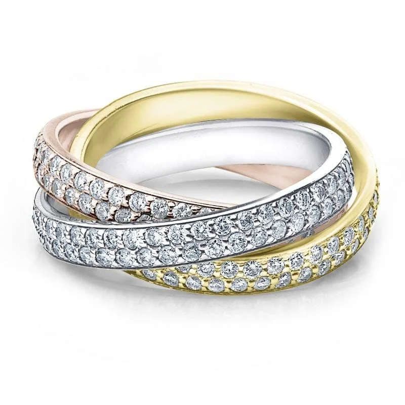 Women’s round brilliant engagement rings-Tri Gold 2 5/8ct Rolling Ring Diamond Eternity Wedding Band Lab Grown